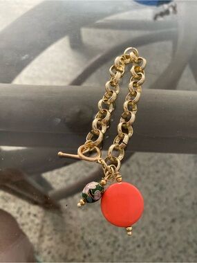 Gold Chain Bracelet with Coral Red Disc and Cloisonné Bead